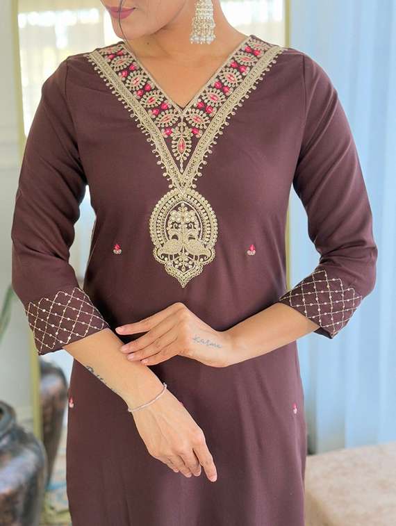 women solid with work three quarter sleeve kurta pant with dupatta set - 22393519 -  Standard Image - 1