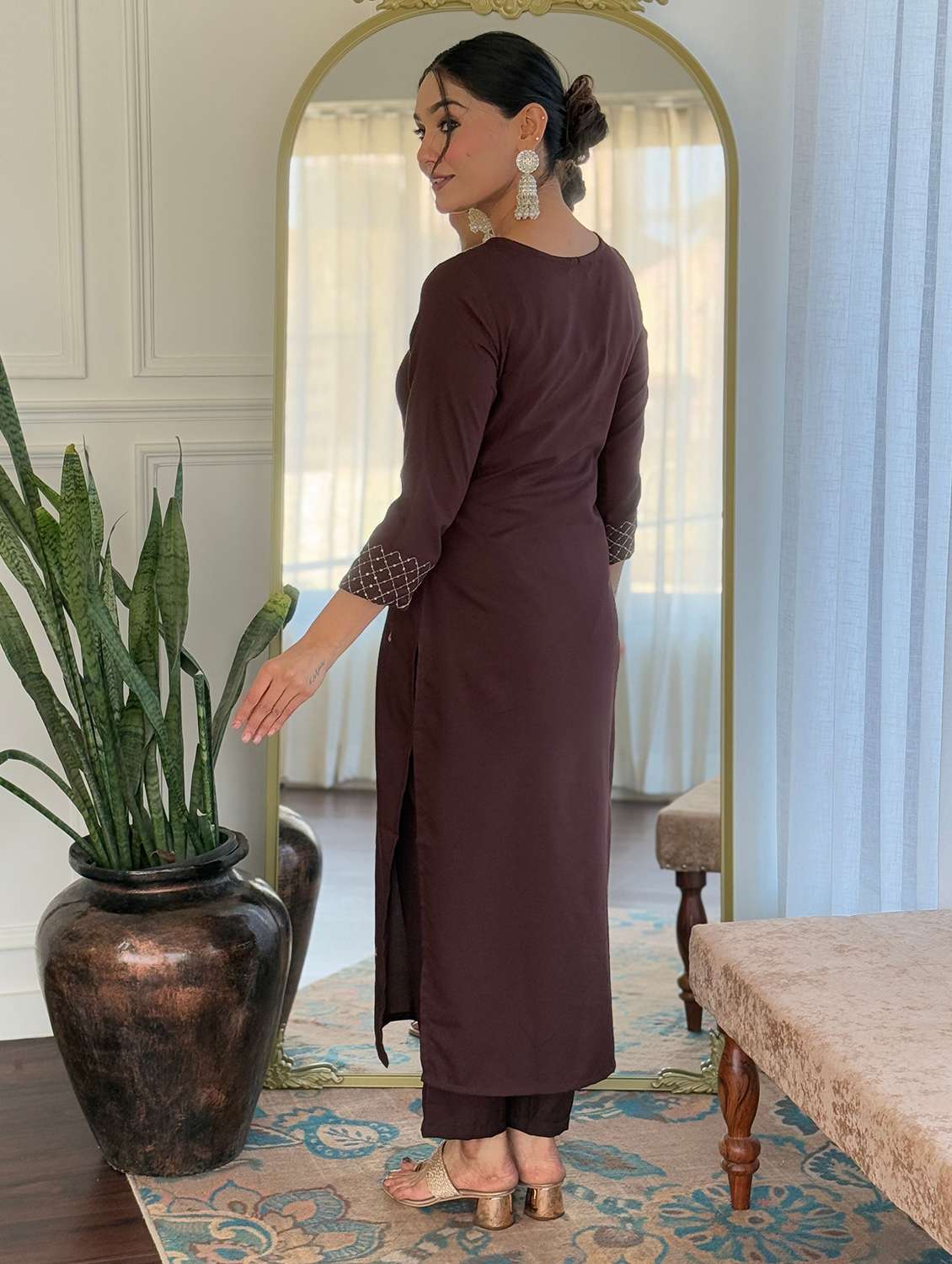 women solid with work three quarter sleeve kurta pant with dupatta set - 22393519 -  Standard Image - 4