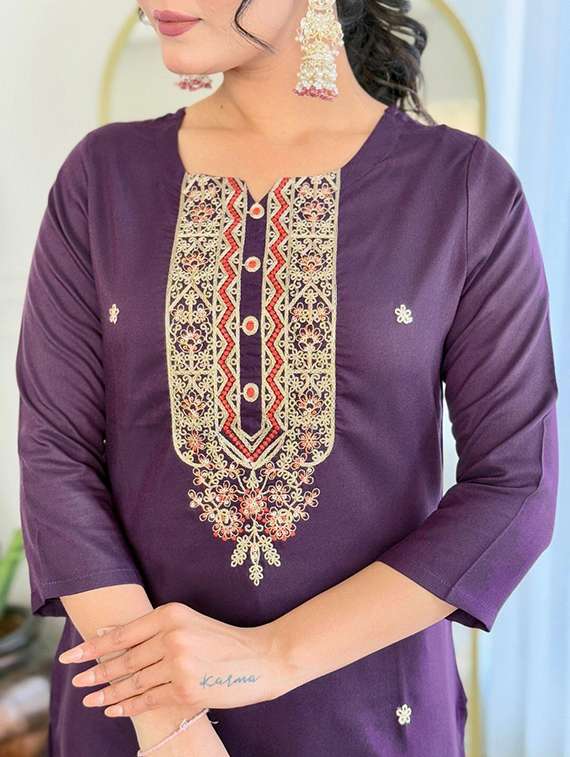 women solid with work three quarter sleeve kurta pant with dupatta set - 22393521 -  Standard Image - 1