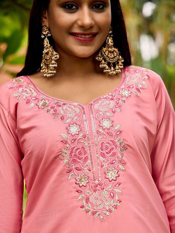 women solid with work three quarter sleeve kurta pant with dupatta set - 22393527 -  Standard Image - 1