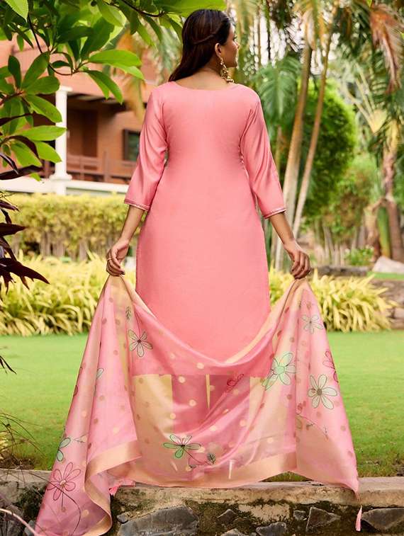 women solid with work three quarter sleeve kurta pant with dupatta set - 22393527 -  Standard Image - 4