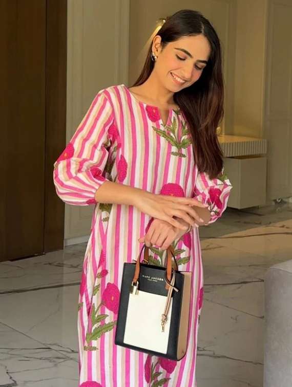 women printed three quarter sleeve kurta pant set - 22393560 -  Standard Image - 1