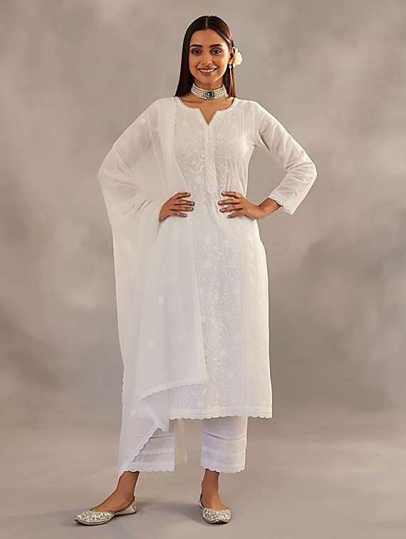 women solid with work three quarter sleeve kurta pant with dupatta set - 22393594 -  Standard Image - 1