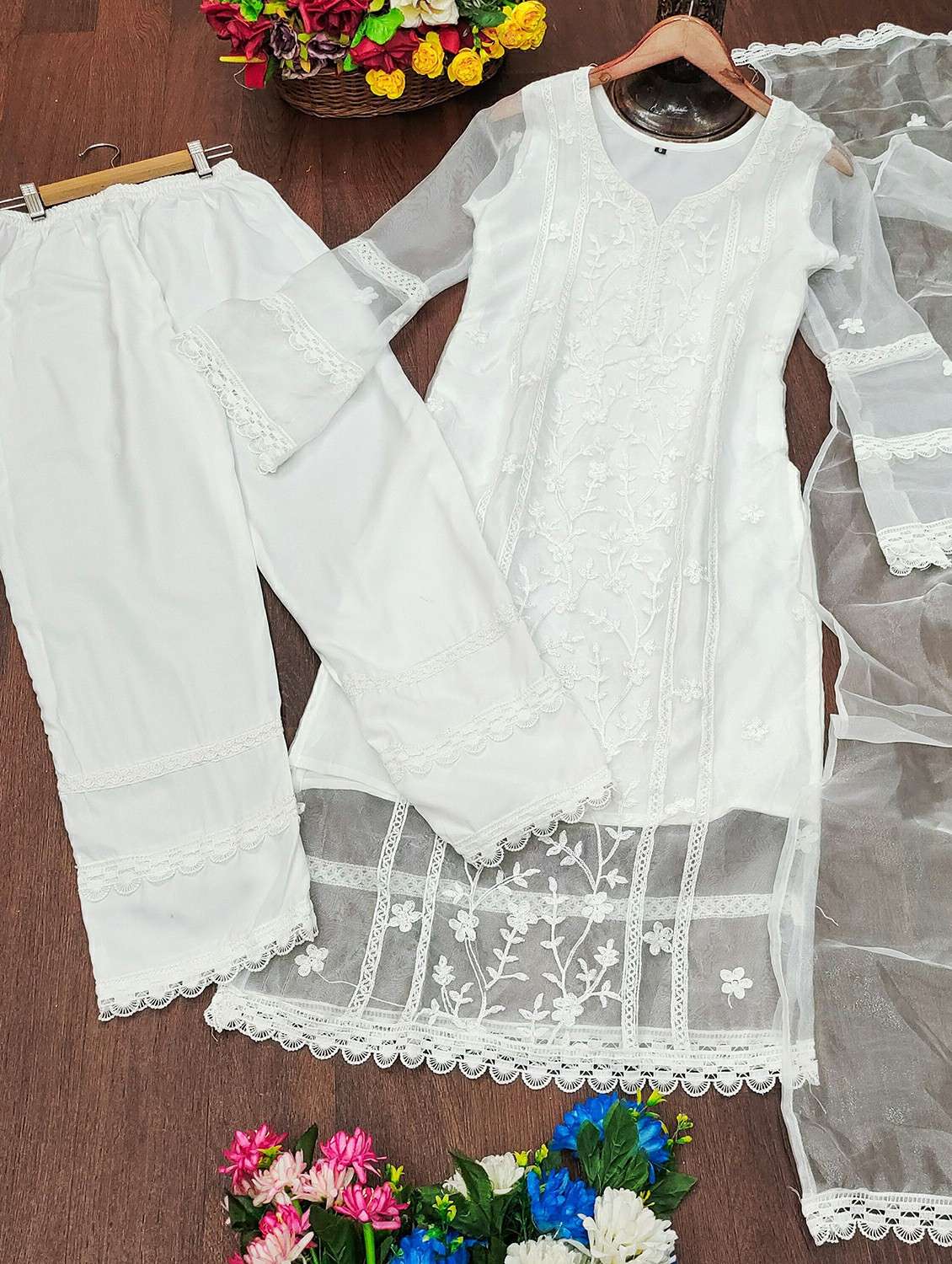 women solid with work three quarter sleeve kurta pant with dupatta set - 22393594 -  Standard Image - 4