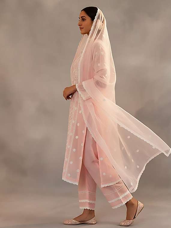 women solid with work three quarter sleeve kurta pant with dupatta set - 22393596 -  Standard Image - 1