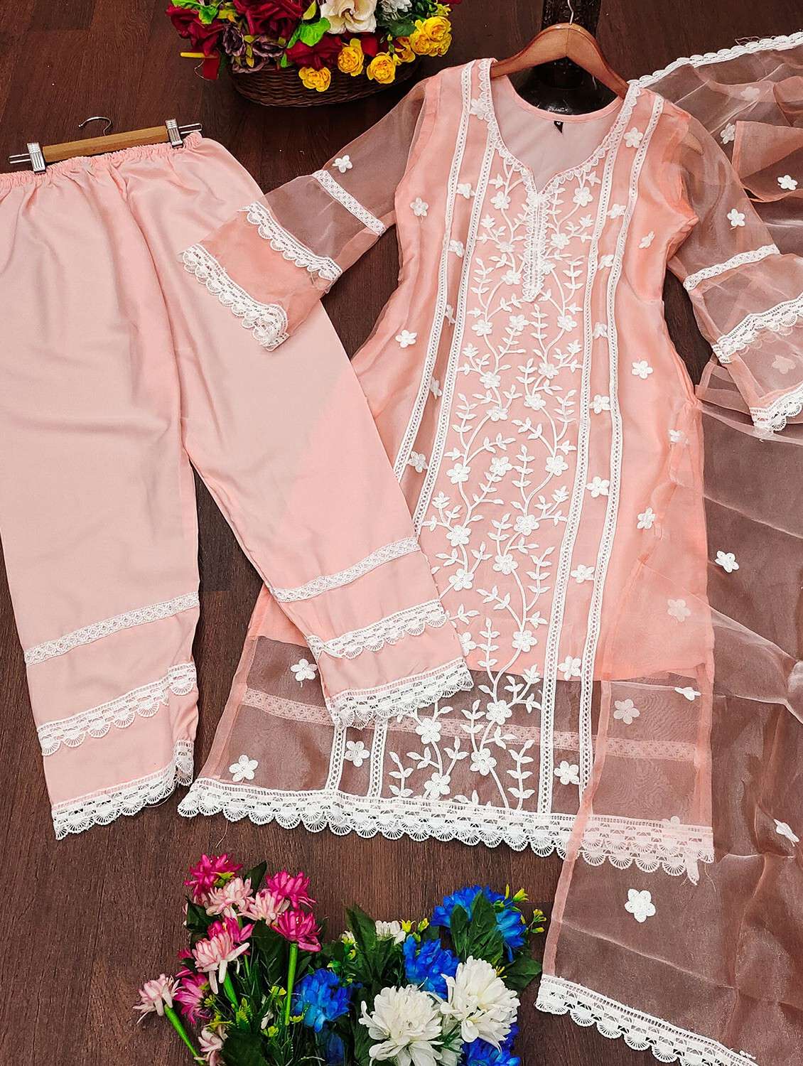 women solid with work three quarter sleeve kurta pant with dupatta set - 22393596 -  Standard Image - 4