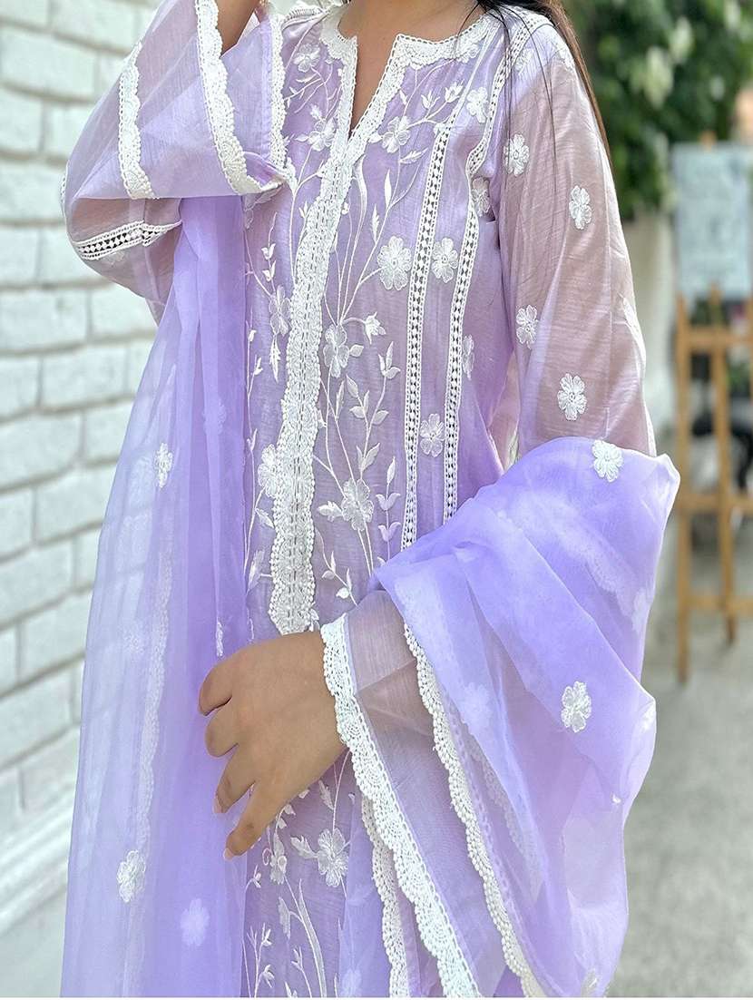 women solid with work three quarter sleeve kurta pant with dupatta set - 22393597 -  Standard Image - 1