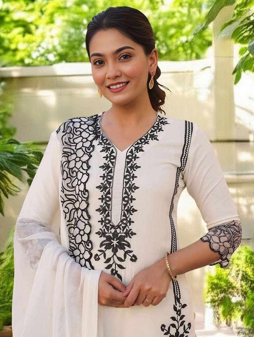 women solid with work three quarter sleeve kurta pant with dupatta set - 22393600 -  Standard Image - 1