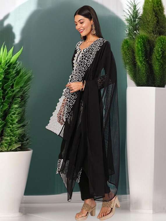 women solid with work three quarter sleeve kurta pant with dupatta set - 22393601 -  Standard Image - 1