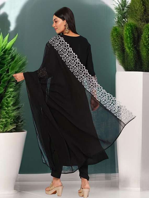 women solid with work three quarter sleeve kurta pant with dupatta set - 22393601 -  Standard Image - 4