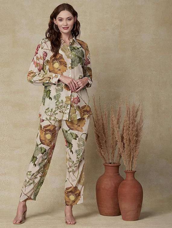 women printed long sleeve shirt & trouser co-ord set