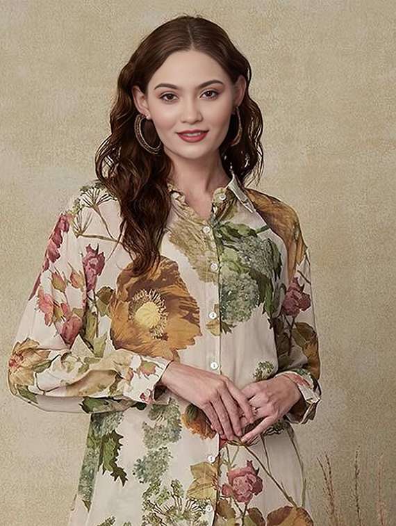 women printed long sleeve shirt & trouser co-ord set - 22393604 -  Standard Image - 1