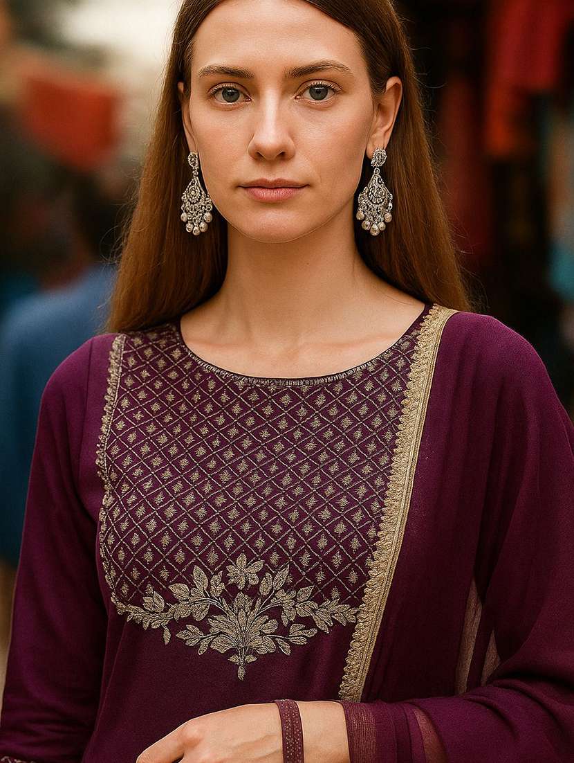 women solid with work three quarter sleeve kurta pant with dupatta set - 22393612 -  Standard Image - 1