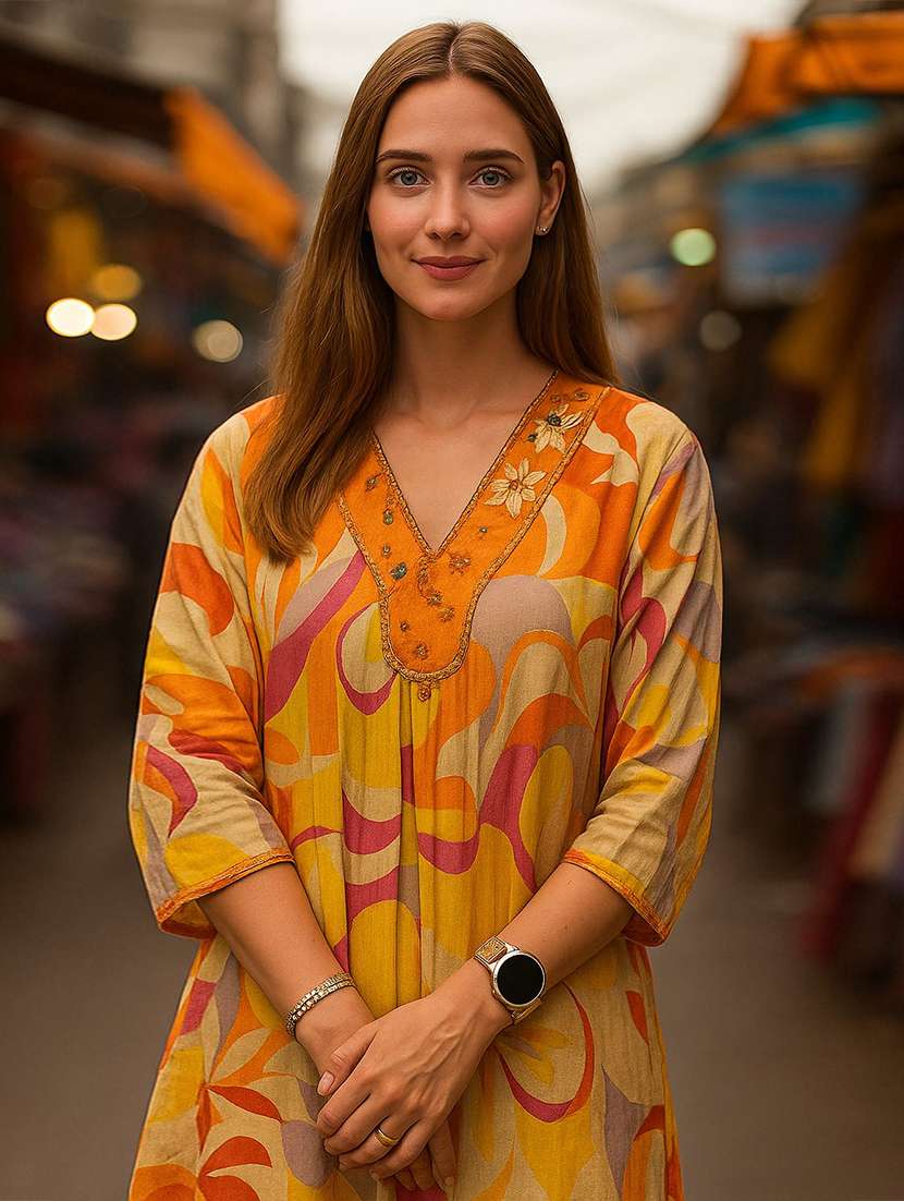 women printed three quarter sleeve ethnic co-ord set - 22393617 -  Standard Image - 1