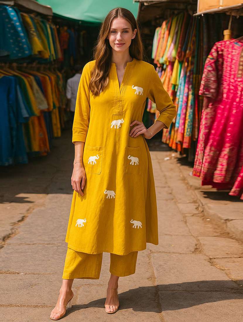 women solid with work three quarter sleeve kurta pant set