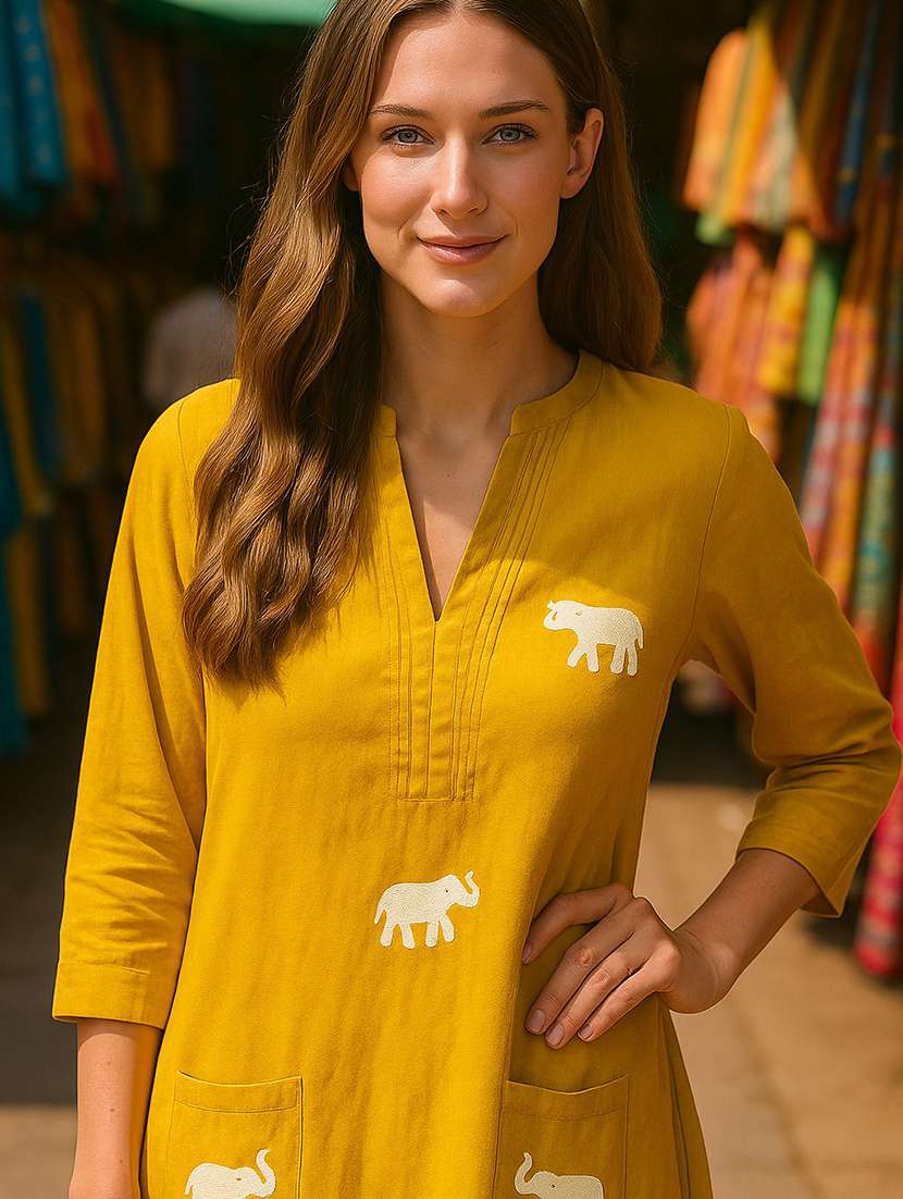 women solid with work three quarter sleeve kurta pant set - 22393632 -  Standard Image - 1