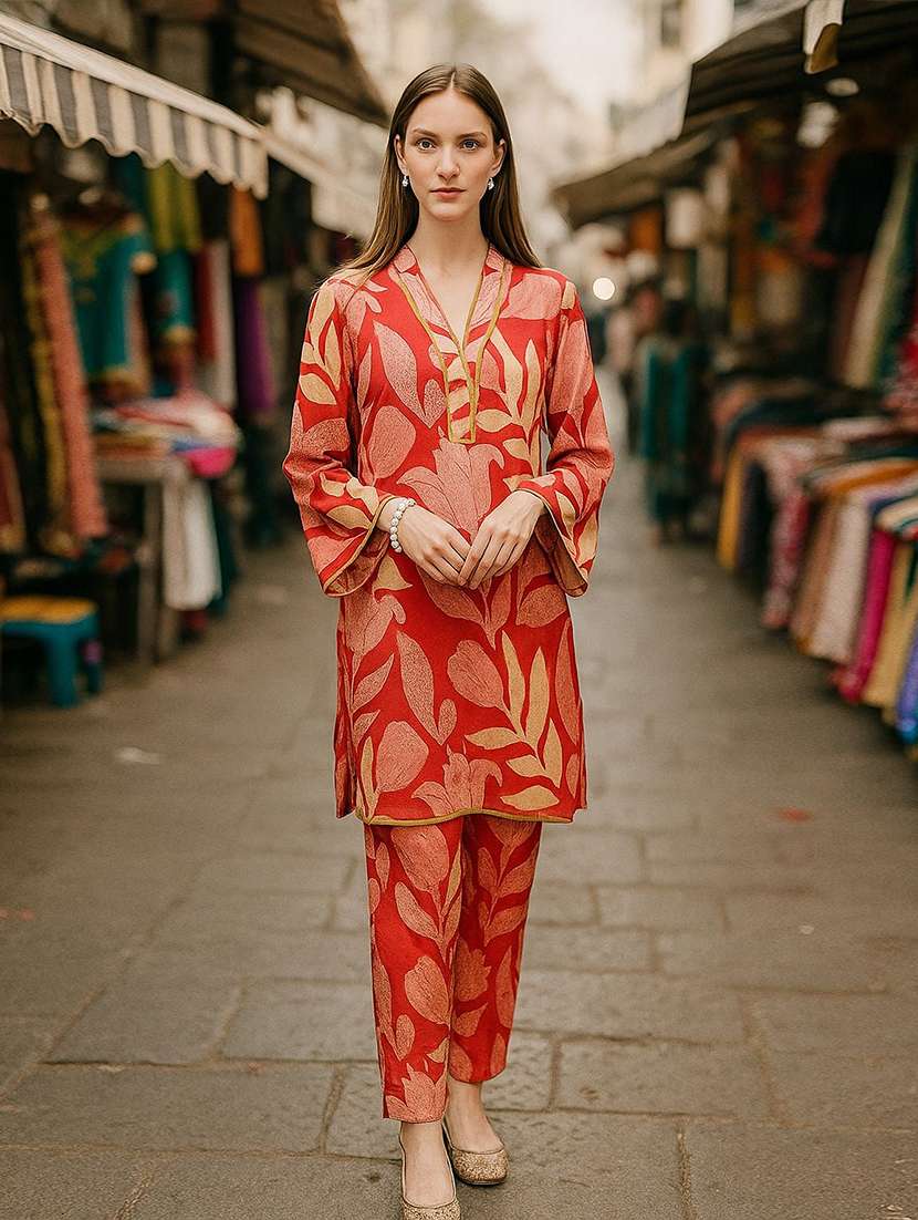 women printed three quarter sleeve ethnic co-ord set