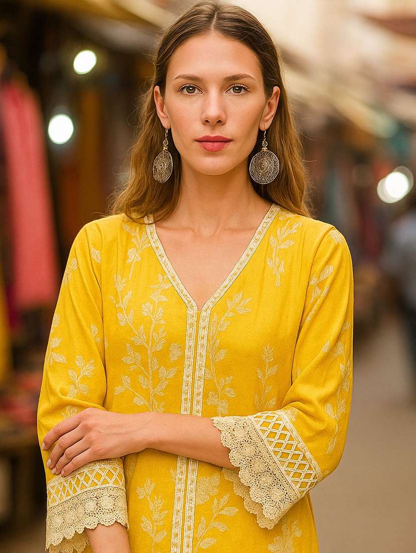 women printed three quarter sleeve kurta pant set - 22393654 -  Standard Image - 1