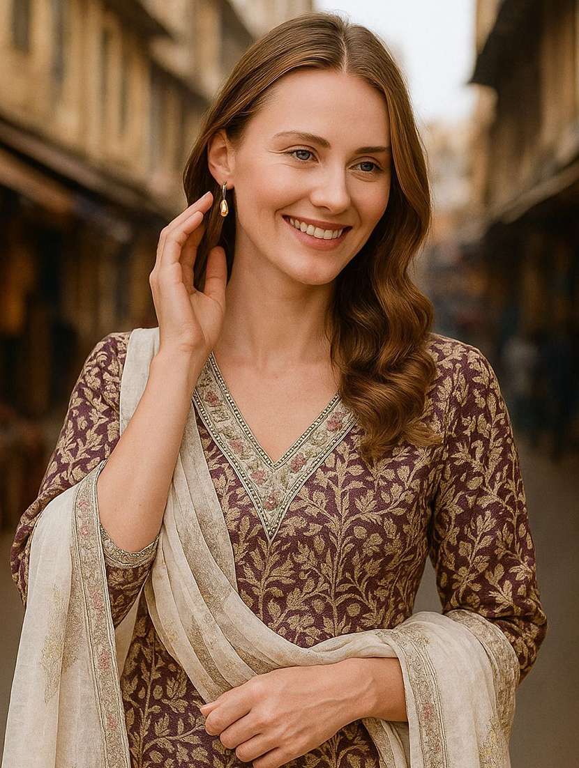 women printed three quarter sleeve kurta salwar with dupatta set - 22393729 -  Standard Image - 1