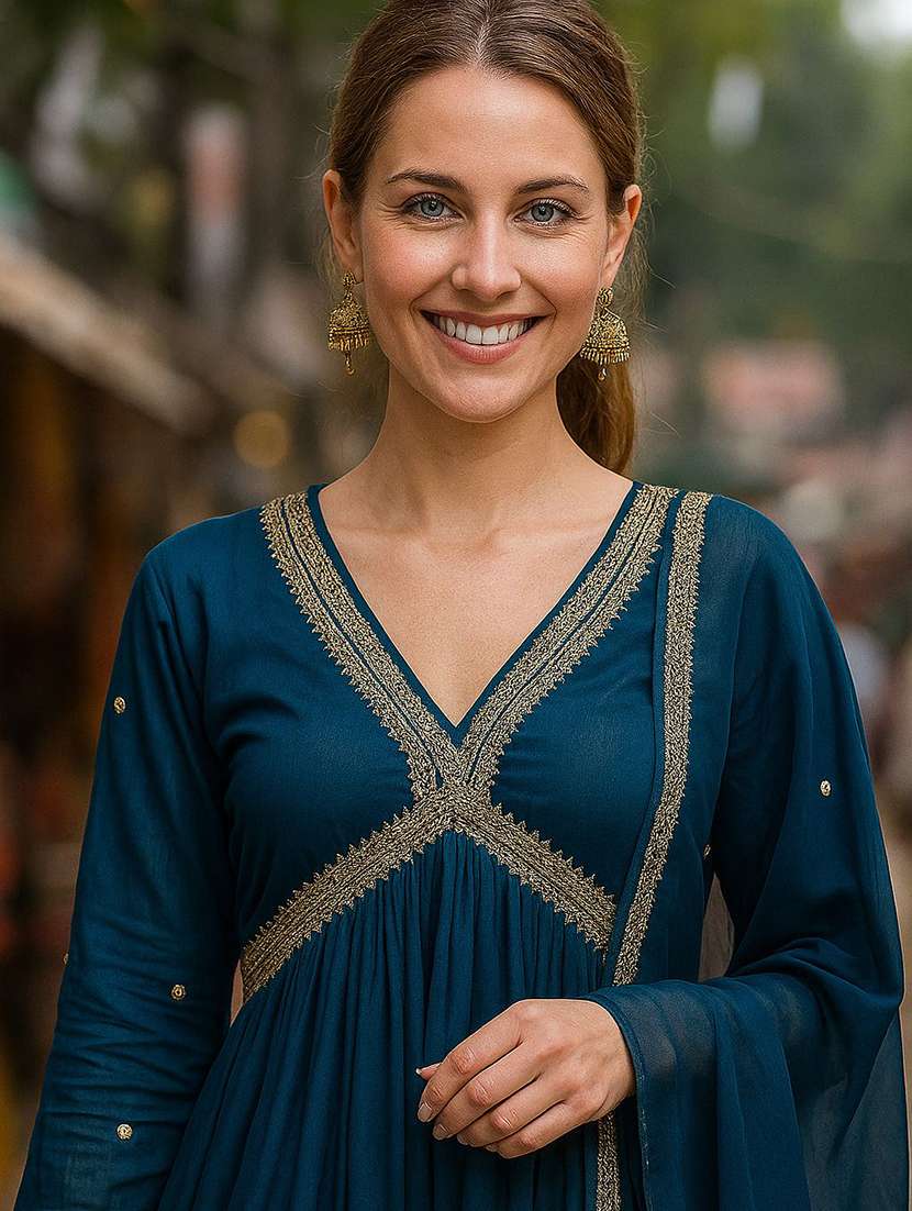 women solid with work three quarter sleeve kurta pant with dupatta set - 22393739 -  Standard Image - 1