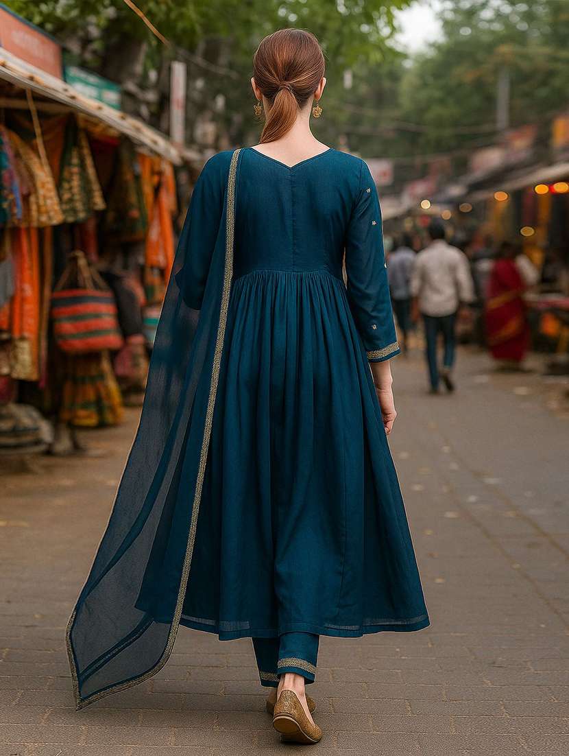 women solid with work three quarter sleeve kurta pant with dupatta set - 22393739 -  Standard Image - 4