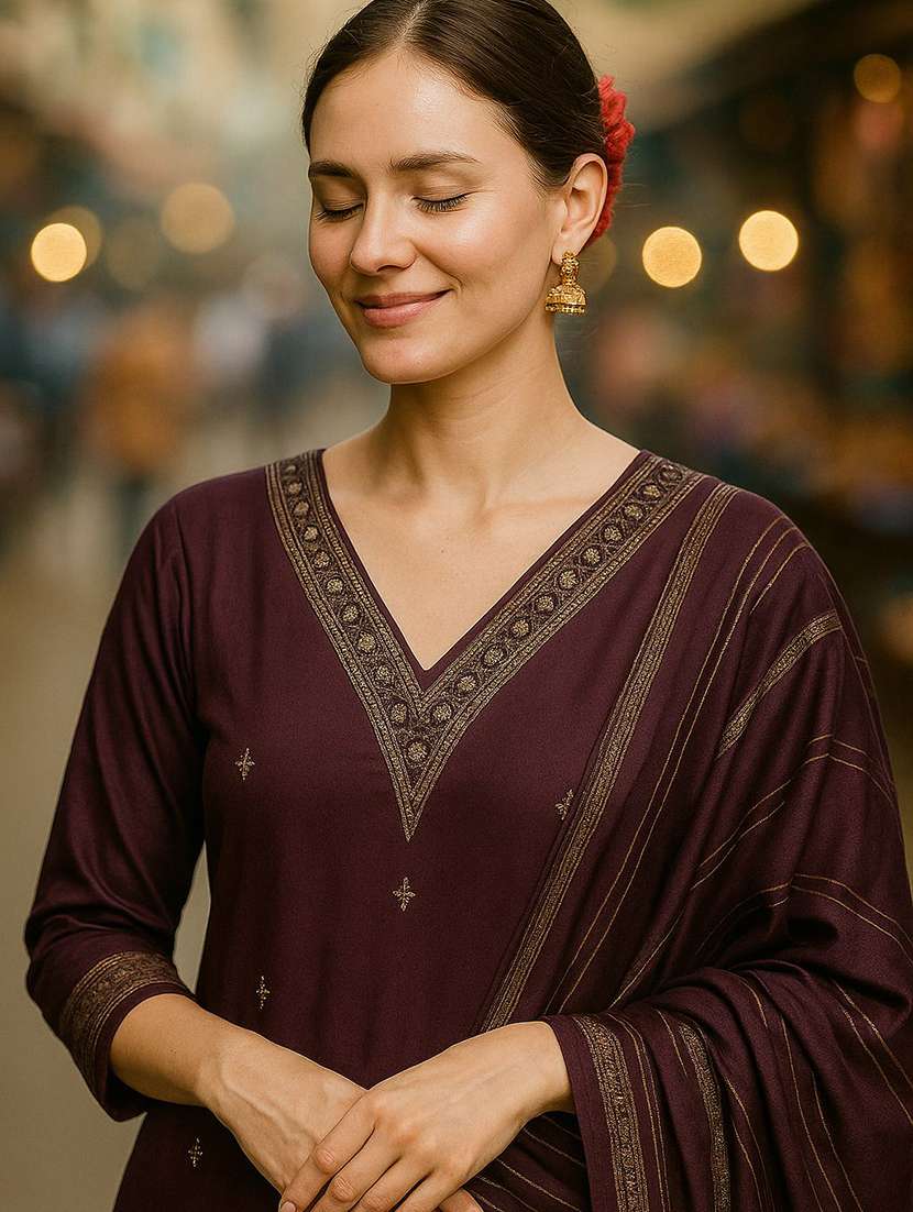 women solid with work three quarter sleeve kurta pant with dupatta set - 22393741 -  Standard Image - 1