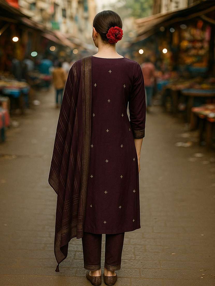 women solid with work three quarter sleeve kurta pant with dupatta set - 22393741 -  Standard Image - 4