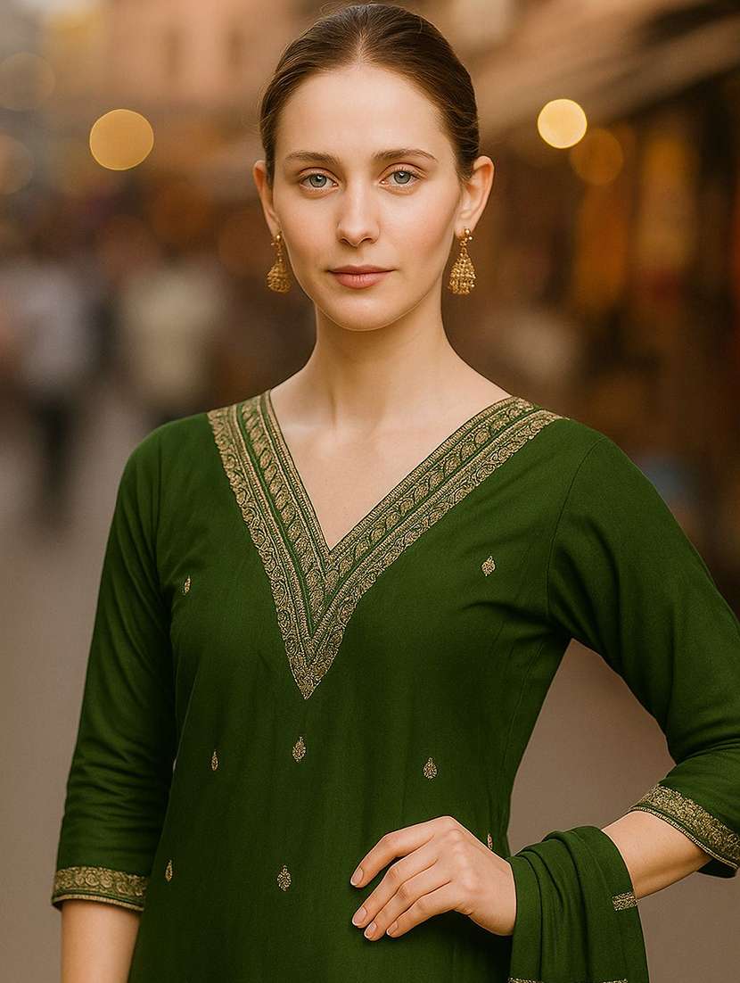 women solid with work three quarter sleeve kurta pant with dupatta set - 22393743 -  Standard Image - 1