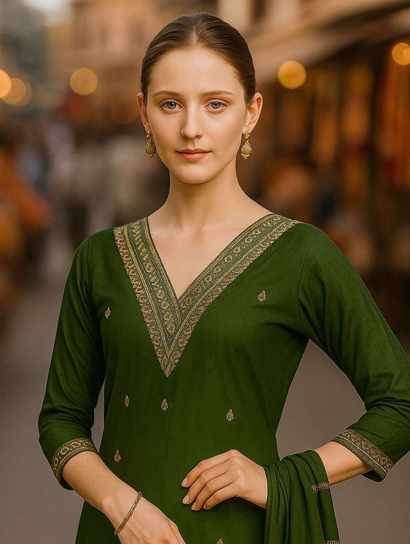 women solid with work three quarter sleeve kurta pant with dupatta set - 22393743 -  Standard Image - 4