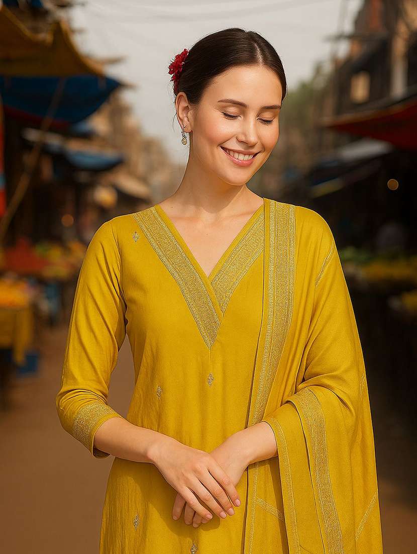 women solid with work three quarter sleeve kurta pant with dupatta set - 22393744 -  Standard Image - 1