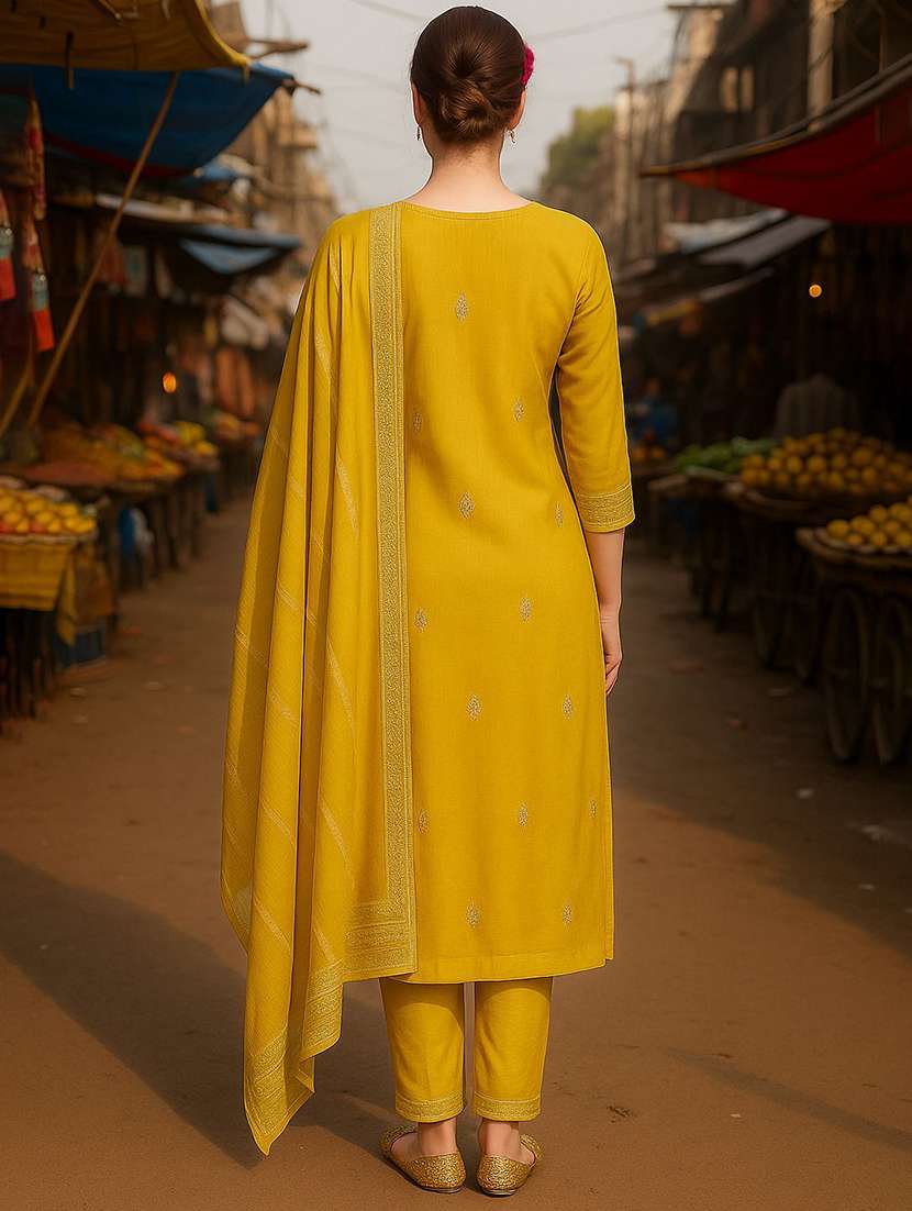 women solid with work three quarter sleeve kurta pant with dupatta set - 22393744 -  Standard Image - 4