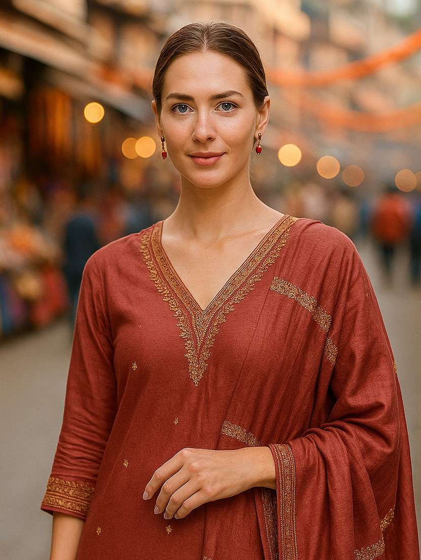 women solid with work three quarter sleeve kurta pant with dupatta set - 22393745 -  Standard Image - 1