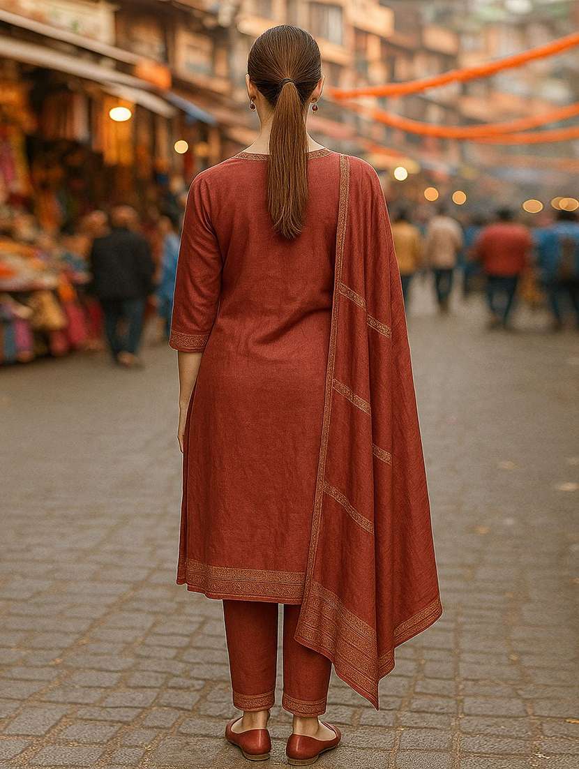 women solid with work three quarter sleeve kurta pant with dupatta set - 22393745 -  Standard Image - 4