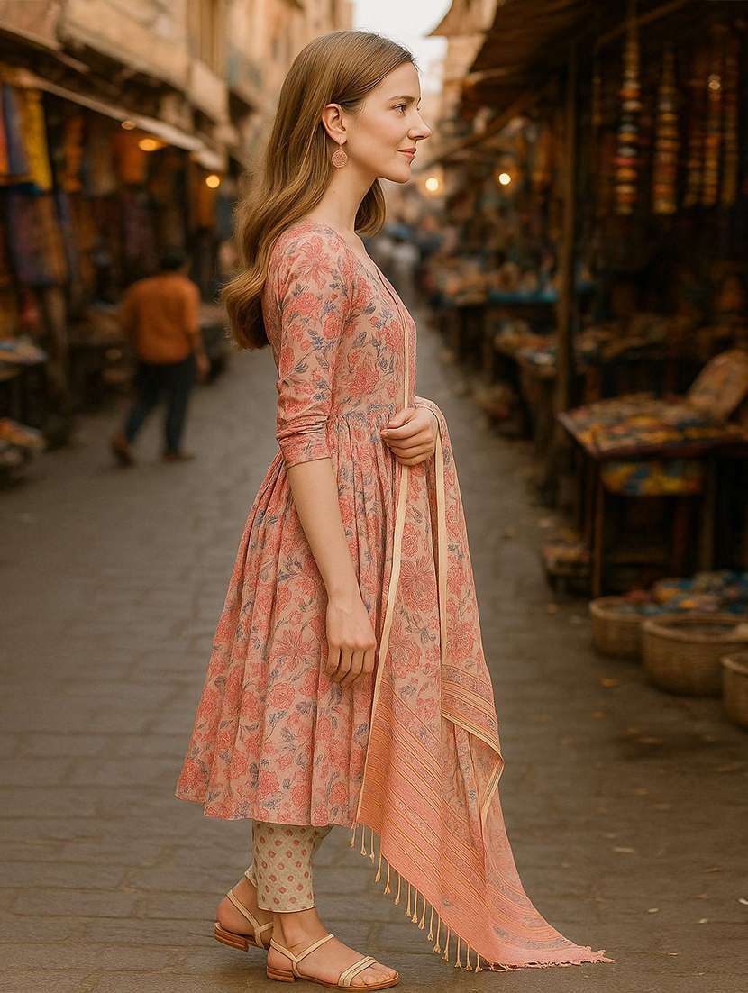 women floral three quarter sleeve kurta pant with dupatta set - 22393747 -  Standard Image - 1