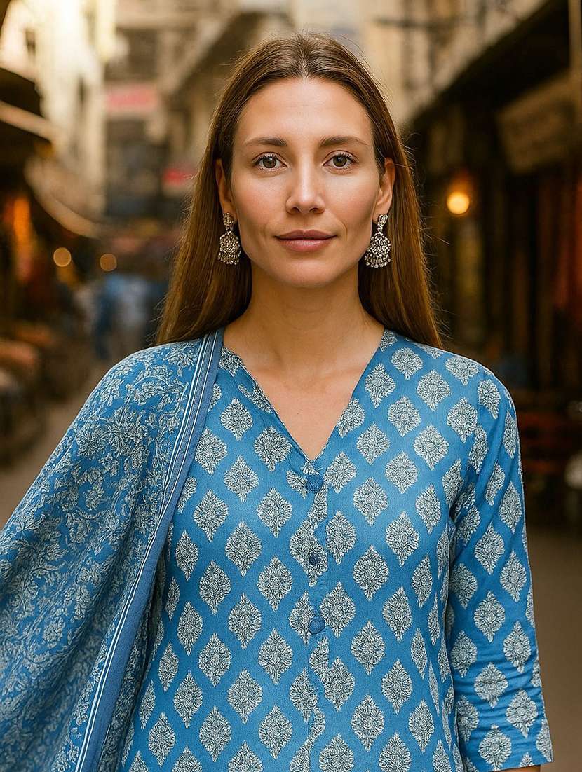 women printed three quarter sleeve kurta pant with dupatta set - 22393748 -  Standard Image - 1