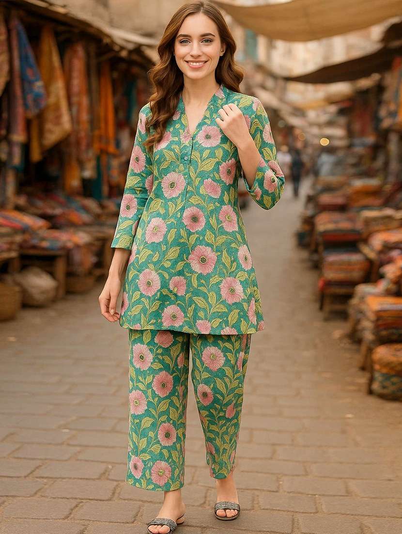 women printed three quarter sleeve ethnic co-ord set