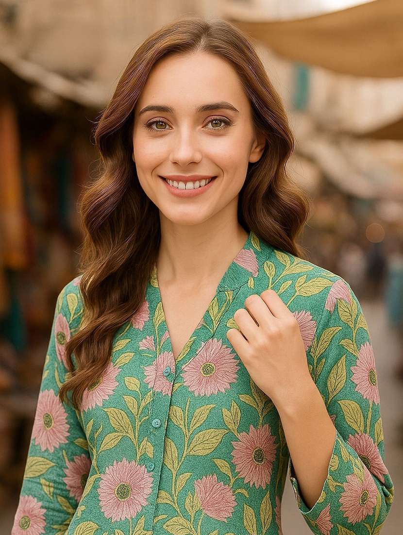 women printed three quarter sleeve ethnic co-ord set - 22393749 -  Standard Image - 1