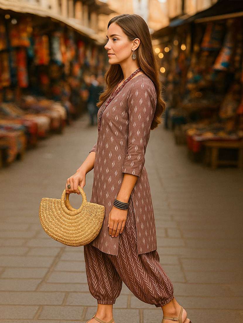 women printed three quarter sleeve kurta salwar set