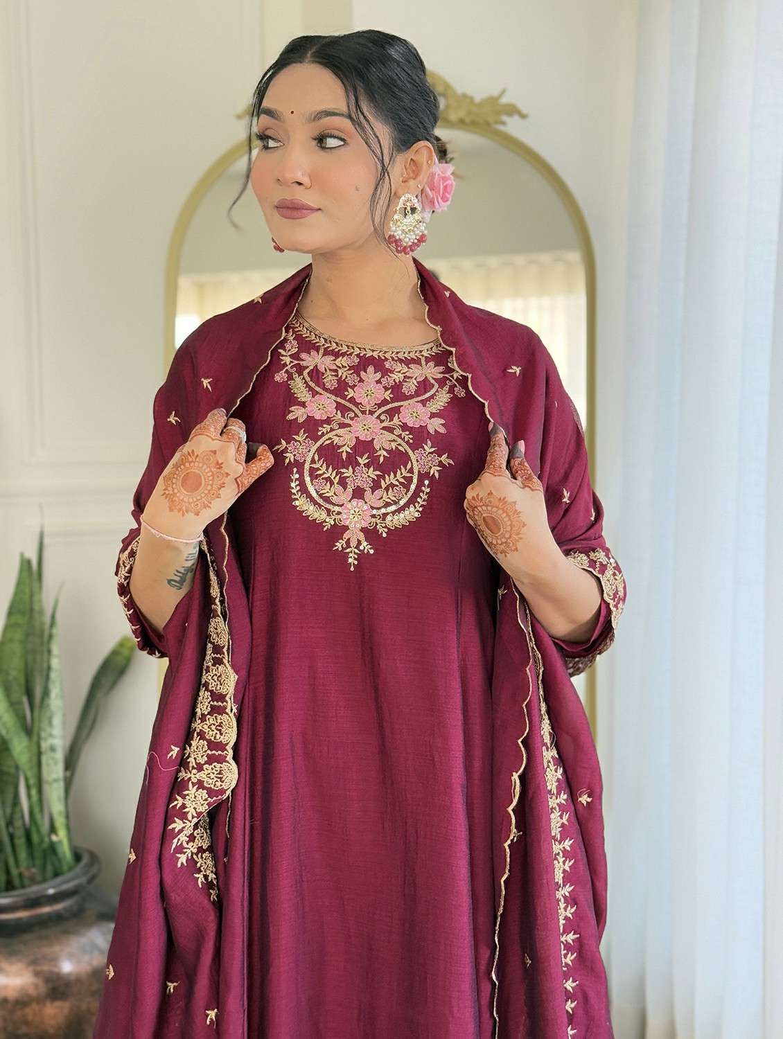 women solid with work three quarter sleeve kurta pant with dupatta set - 22393775 -  Standard Image - 1