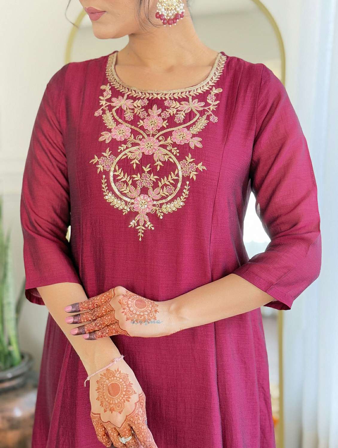 women solid with work three quarter sleeve kurta pant with dupatta set - 22393775 -  Standard Image - 4