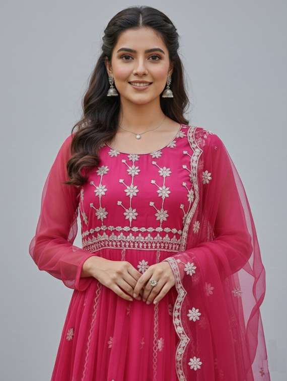 women solid with work semi-stitched gown with dupatta - 22393820 -  Standard Image - 1