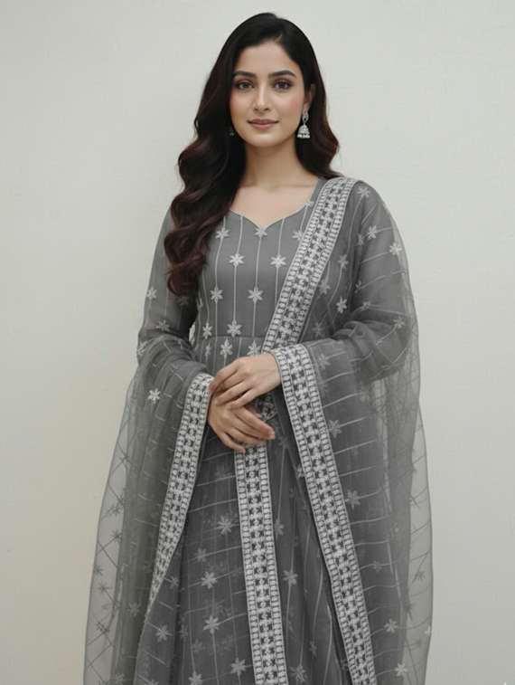 women solid with work semi-stitched gown with dupatta - 22393828 -  Standard Image - 1