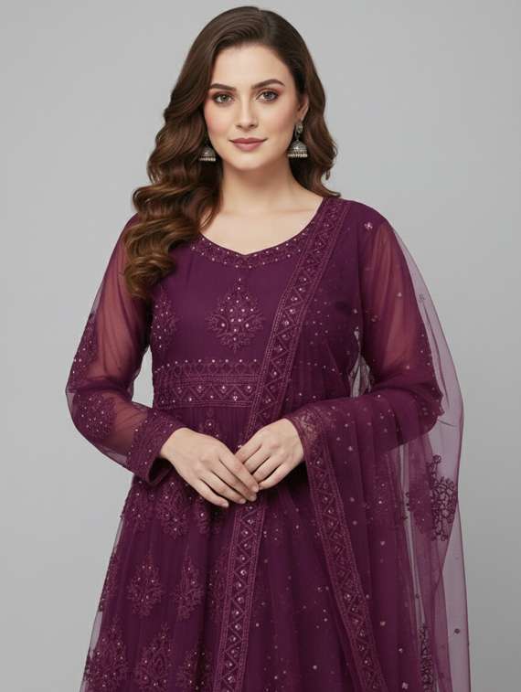 women solid with work semi-stitched gown with dupatta - 22393834 -  Standard Image - 1