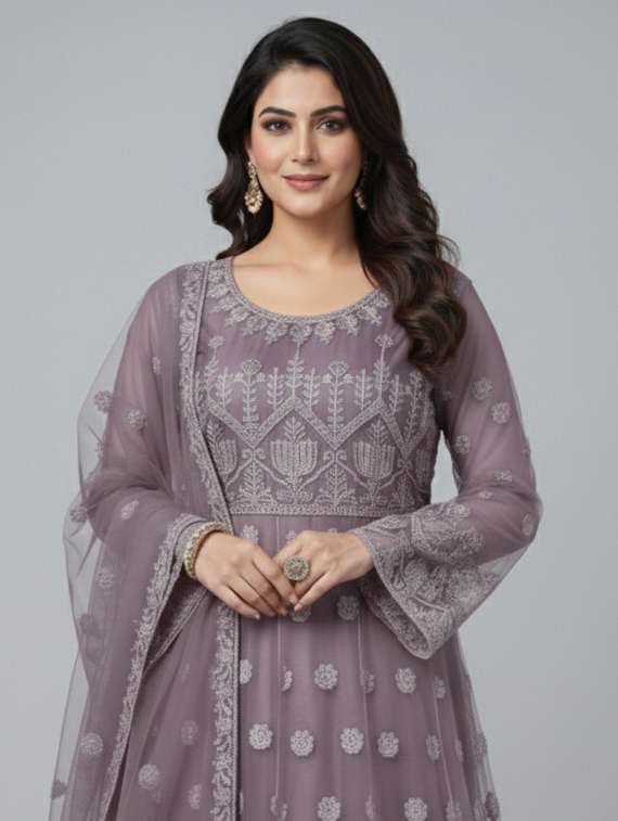 women solid with work semi-stitched gown with dupatta - 22393840 -  Standard Image - 1