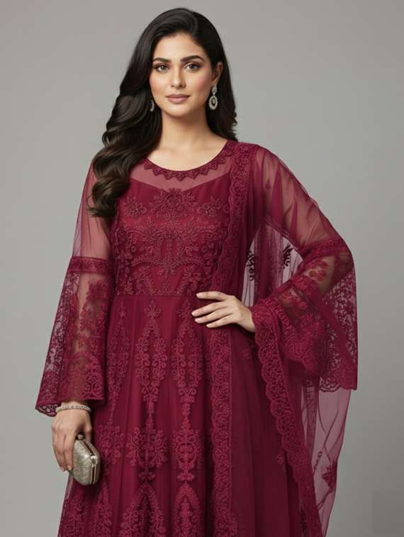 women solid with work semi-stitched gown with dupatta - 22393853 -  Standard Image - 1