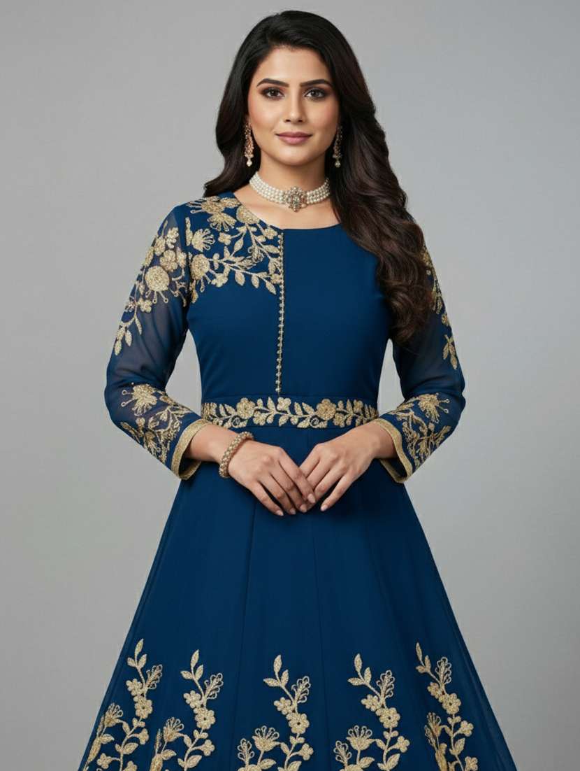 women solid with work semi-stitched gown  - 22393862 -  Standard Image - 1