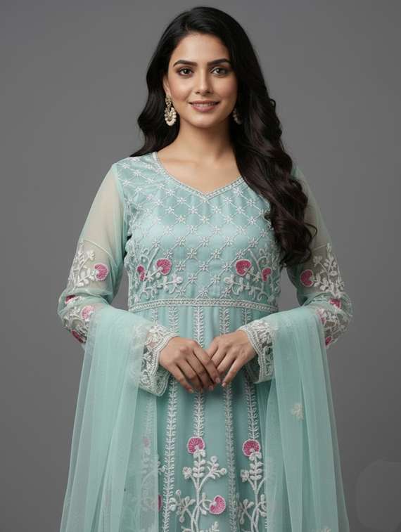 women solid with work semi-stitched gown with dupatta - 22393866 -  Standard Image - 1