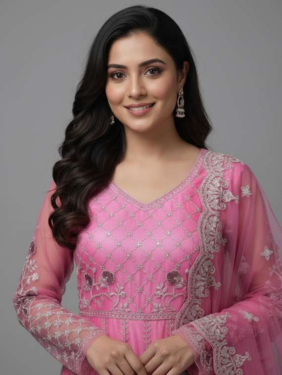 women solid with work semi-stitched gown with dupatta - 22393867 -  Standard Image - 1