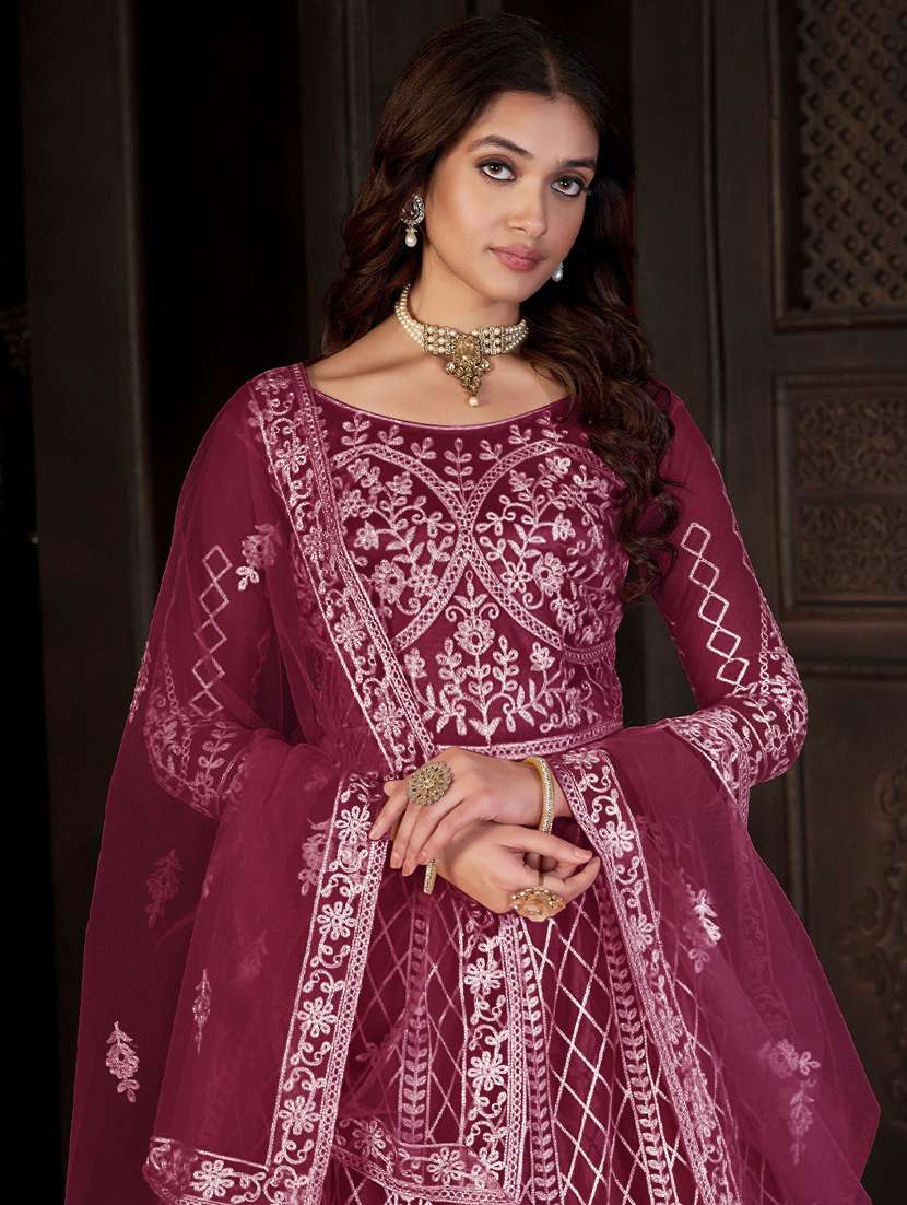 women solid with work semi-stitched gown with dupatta - 22393868 -  Standard Image - 1