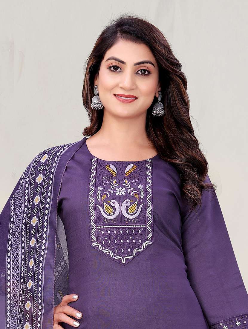 women solid with work three quarter sleeve kurta pant with dupatta set - 22393895 -  Standard Image - 1